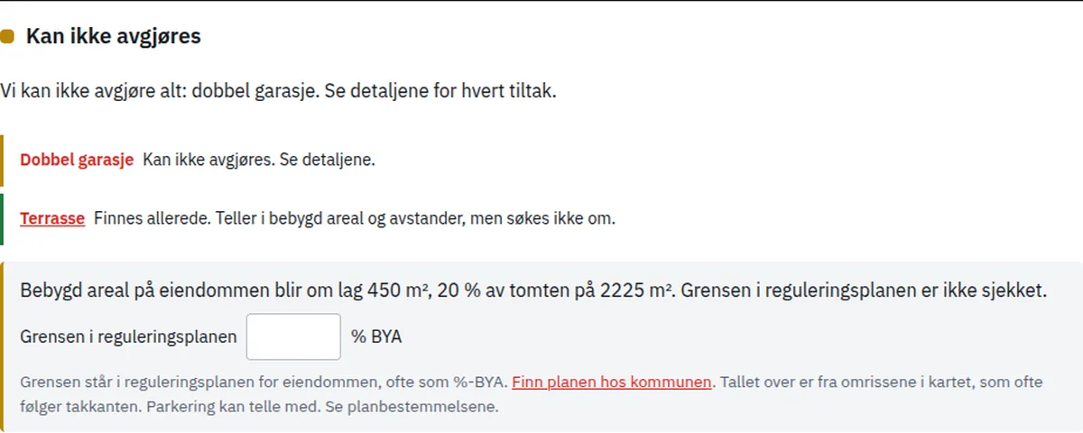 Regelsjekken i Skiss: bebygd areal, høyder og avstand til grense og bygg, hver med svaret.